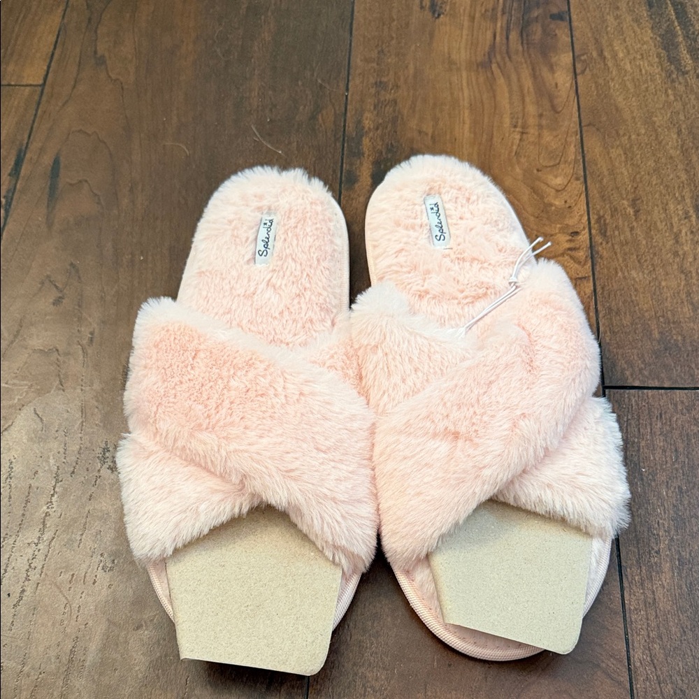 Splendid Plush Crisscross Slide Slippers in Blush Pink